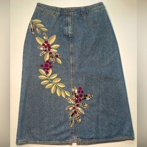 Isabella Bird Jean Denim Midi Skirt Floral Embroidery A Line Womens Size 4 VTG